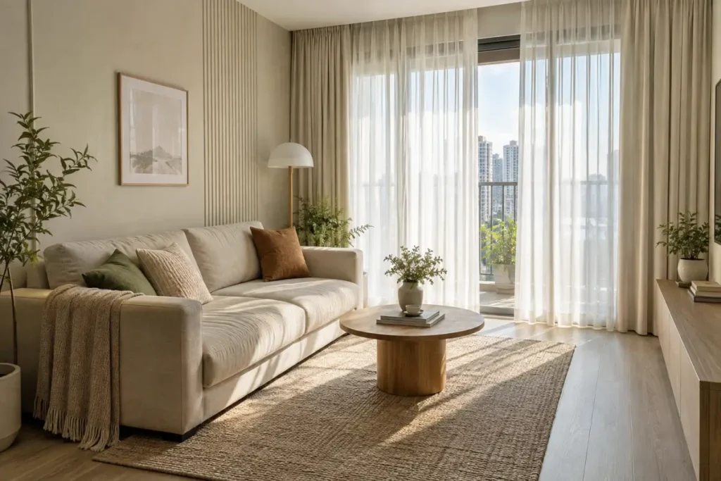 Phòng khách căn hộ trần thấp với sofa thấp, rèm dài và bàn trà gọn
