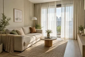 Phòng khách căn hộ trần thấp với sofa thấp, rèm dài và bàn trà gọn