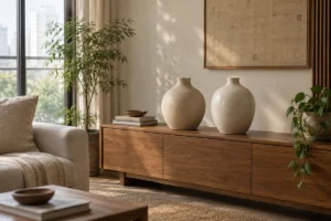 Hai bình gốm màu kem có bề mặt mờ và bóng đặt trên kệ phòng khách