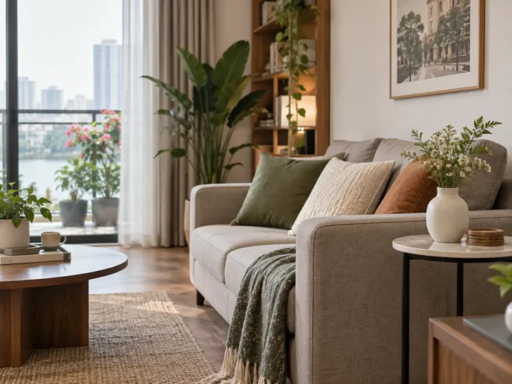 Bình hoa gốm nhỏ trên bàn cạnh sofa trong căn hộ chung cư