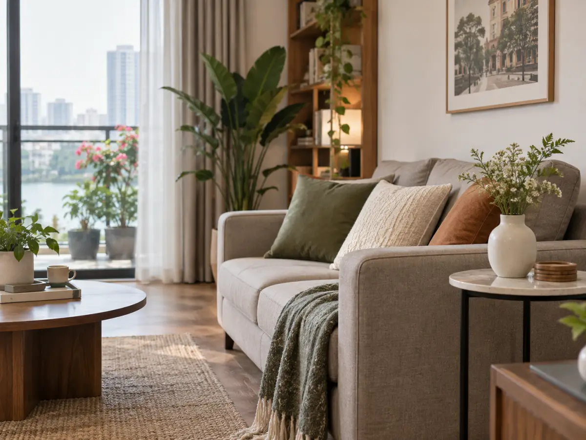 Bình hoa gốm nhỏ trên bàn cạnh sofa trong căn hộ chung cư