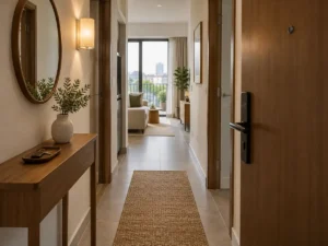 Lối vào chung cư nhỏ có bàn console hẹp, khay chìa khóa và lối đi thoáng
