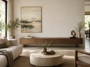 Phòng khách có tranh trên tường và tượng nhỏ trên kệ dài