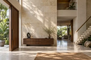 Sảnh biệt thự với tủ console gỗ và điểm nhấn trang trí vừa tỷ lệ