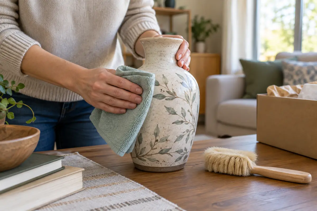 Lau khô bình gốm bằng khăn mềm trước khi cất