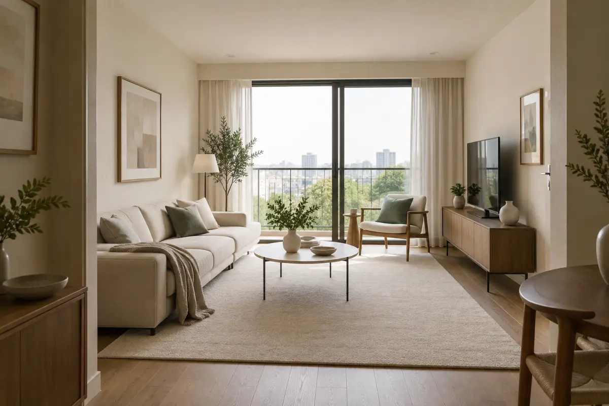 Phòng khách nhỏ có sofa thấp, bàn trà chân mảnh và cửa kính rộng