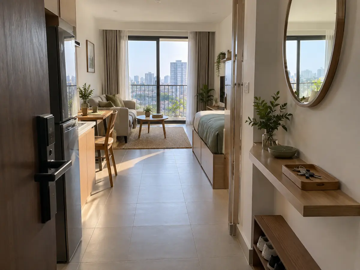 Căn hộ studio không có sảnh với kệ nông và khay để chìa khóa gần cửa