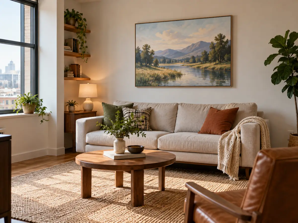 Tranh phong cảnh treo cân đối phía trên sofa phòng khách