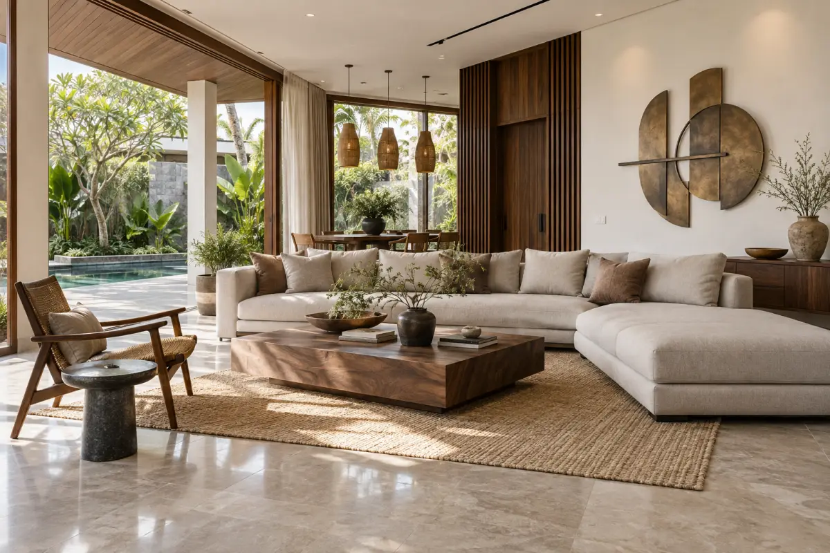 Phòng khách biệt thự với sofa lớn và mảng tường trang trí cân đối