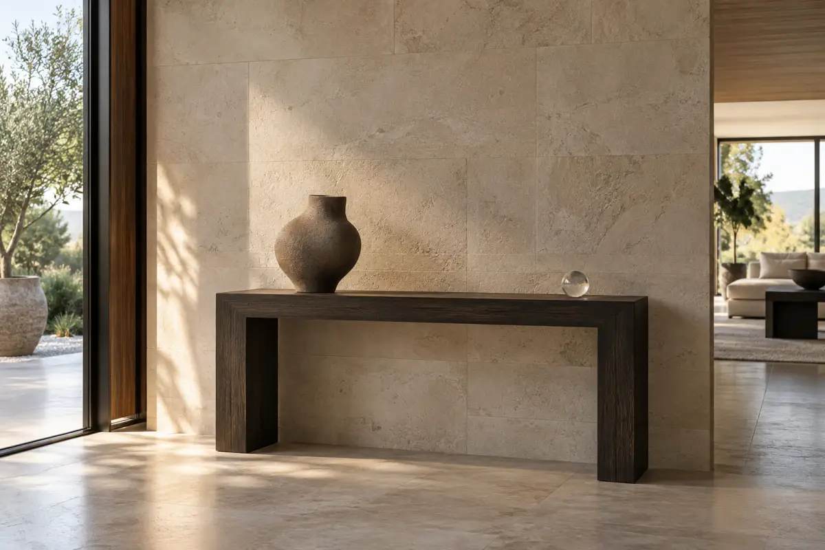 Sảnh có bình gốm và quả cầu pha lê nhỏ đặt cách nhau trên console