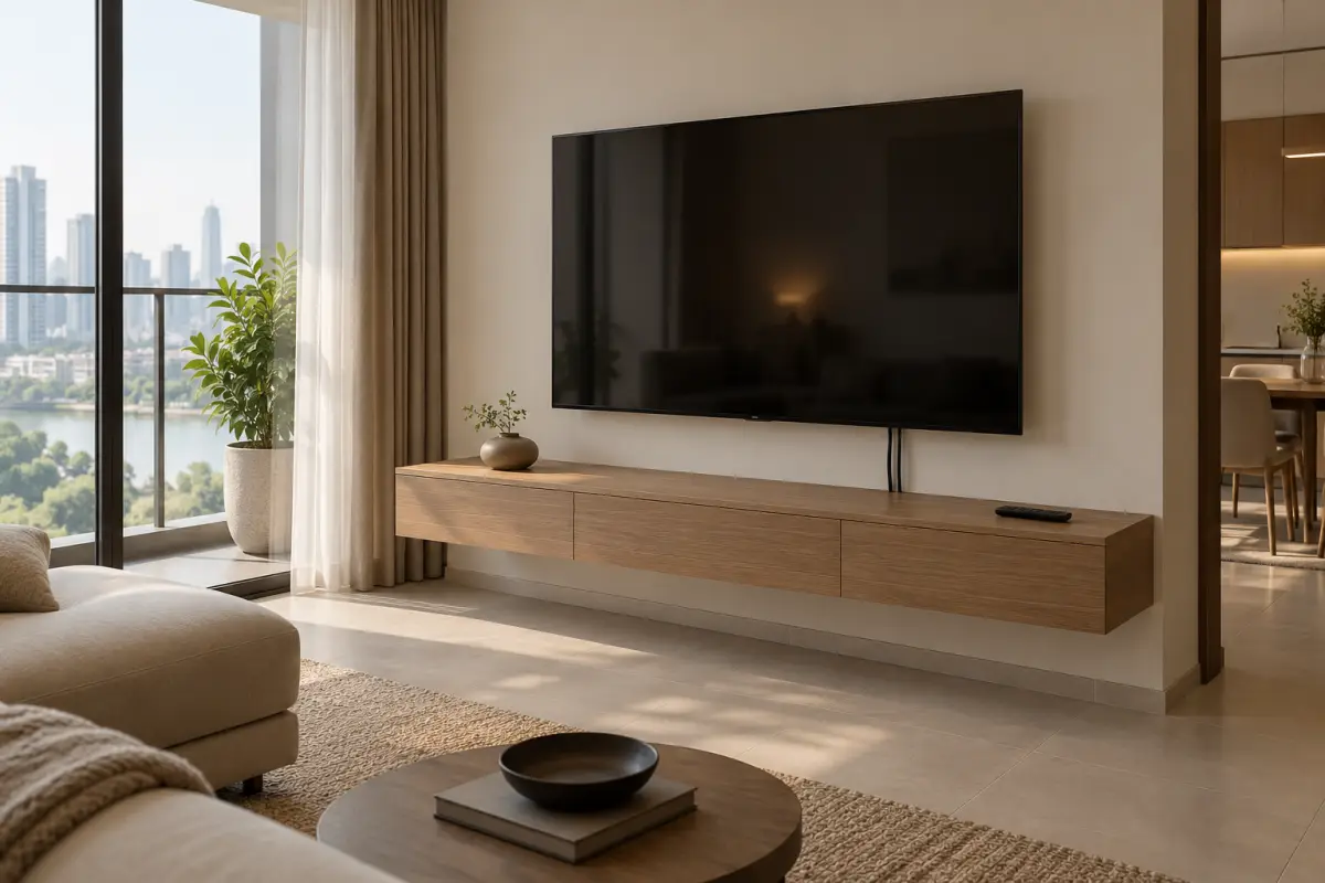 Kệ TV gọn với vật trang trí thấp ở một đầu và màn hình không bị che
