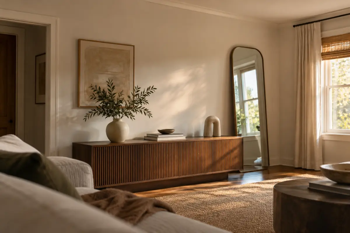 Kệ console thấp với bình gốm, tranh và gương phản chiếu ánh sáng cửa sổ