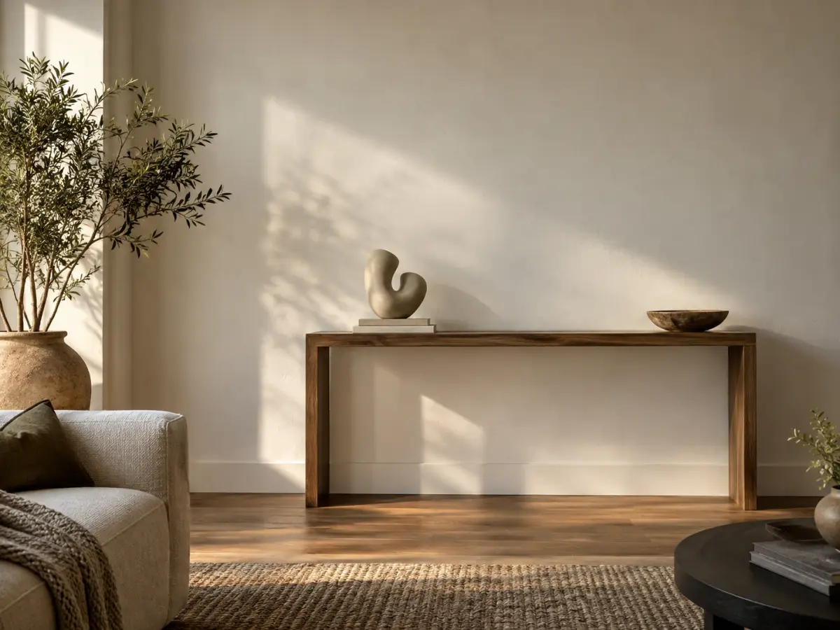 Tượng trừu tượng nhỏ đặt trên bàn console trước mảng tường sáng