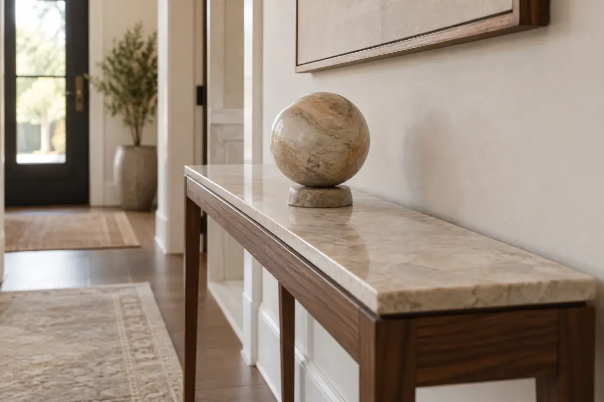 Tủ console hành lang hẹp có vật trang trí đặt trong lòng mặt kệ