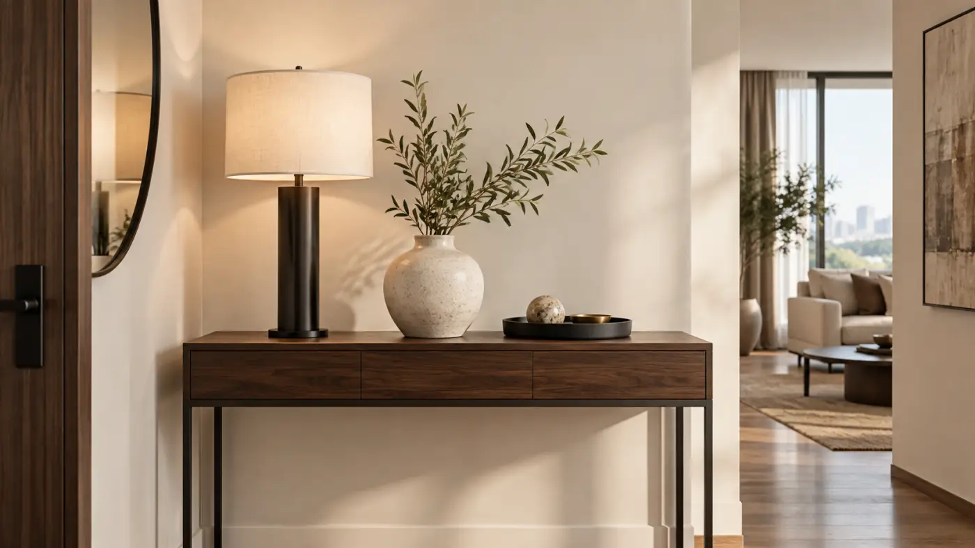 Đèn bàn, bình gốm và khay thấp phối trên bàn console