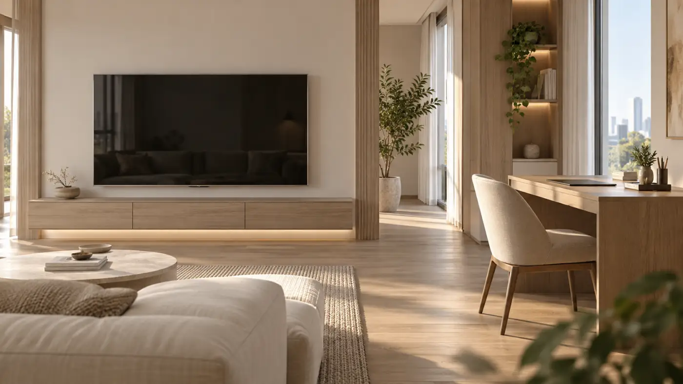 Kệ TV và bàn làm việc dùng ít đồ decor để giữ công năng