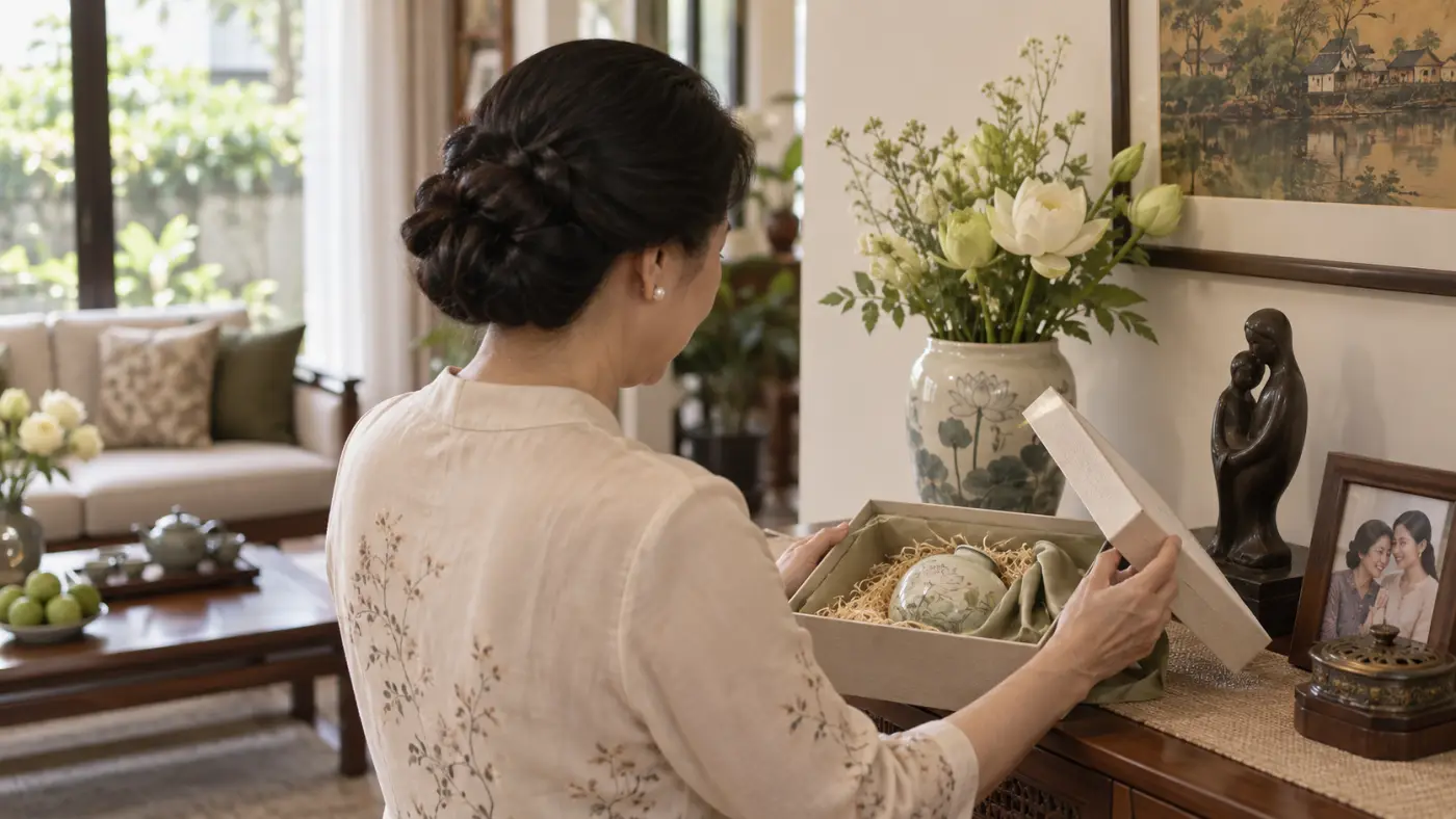 Mẹ mở hộp quà decor trong phòng khách ấm cúng dịp 20/10