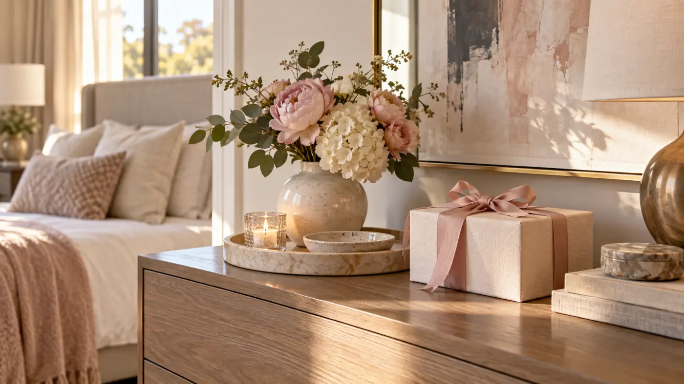 Quà decor cho vợ đặt trên tủ phòng ngủ màu trung tính