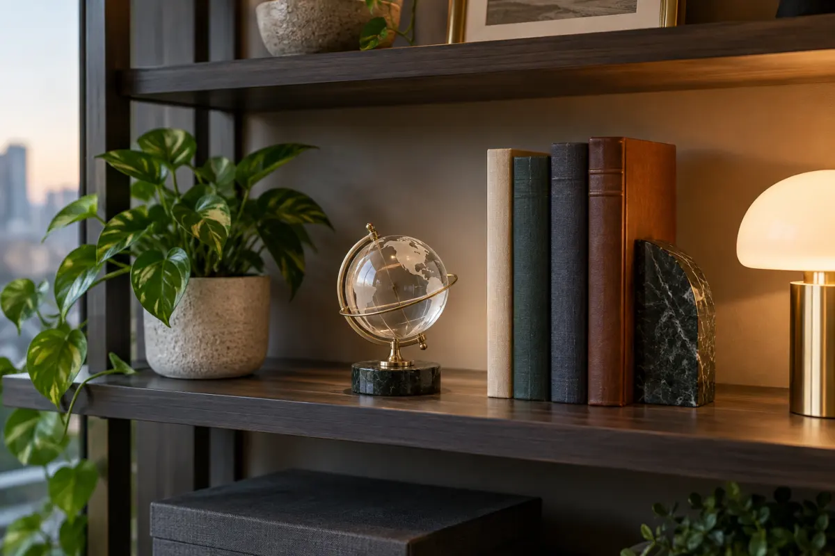 Món decor nhỏ trên kệ sách văn phòng