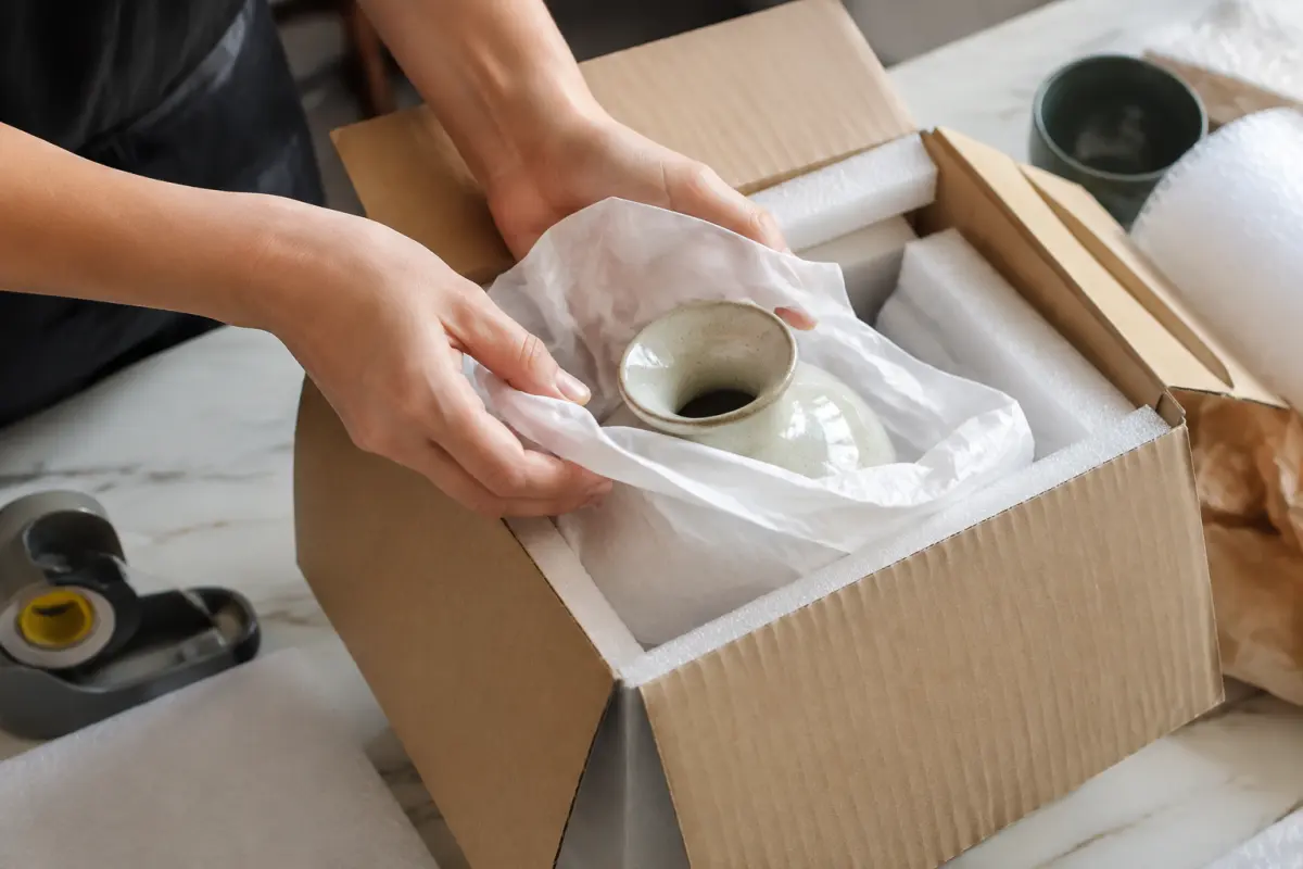 Đóng gói bình gốm với giấy và lớp chống sốc