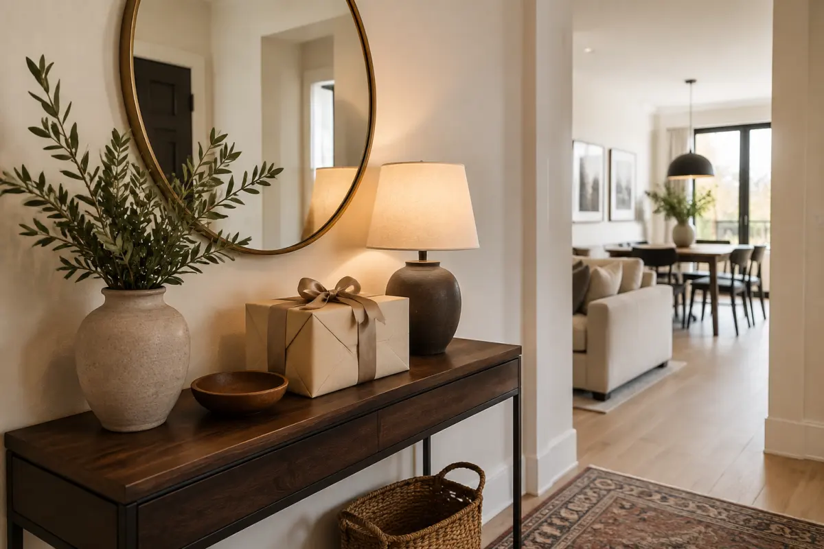 Hộp quà decor đặt trên console trong không gian hiện đại