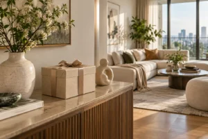 Quà tân gia decor đặt trên console trong căn hộ hiện đại