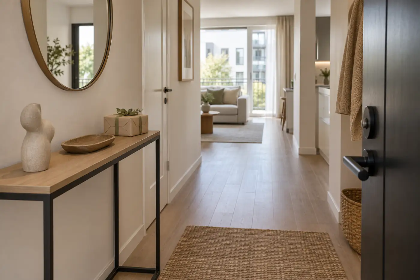 Quà tân gia nhỏ gọn trên console ở lối vào chung cư