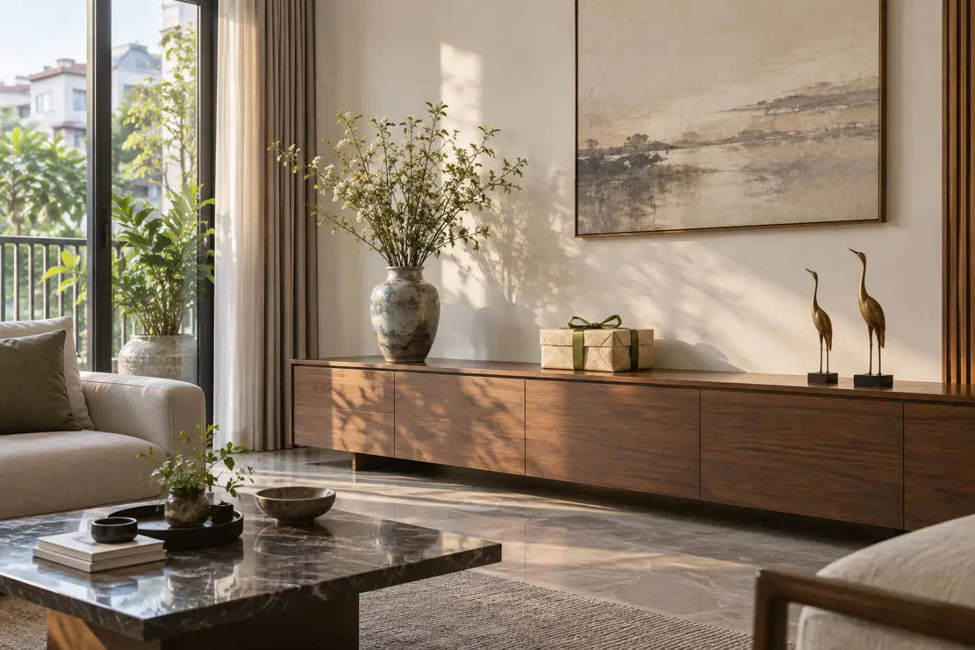 Bình và cặp tượng trên console phòng khách nhà phố
