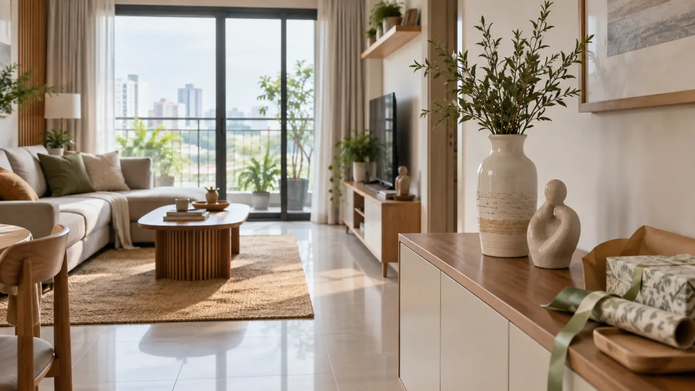 Bình gốm và tượng nhỏ làm quà tân gia trong căn hộ sáng
