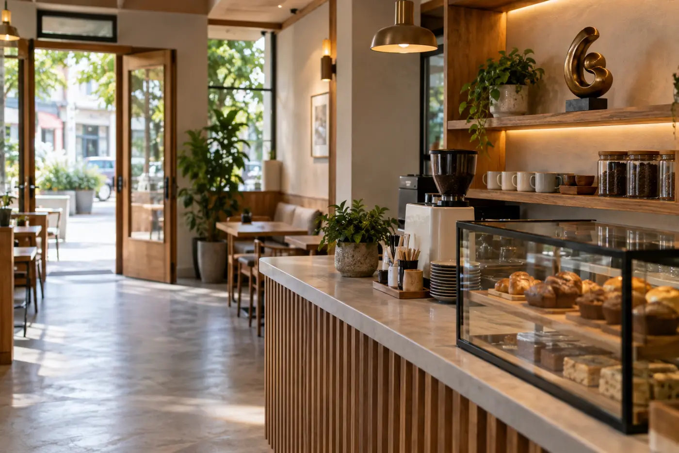Vật trang trí làm quà khai trương đặt trên kệ quán cà phê