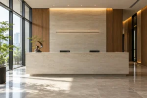 Phối cảnh sảnh lễ tân văn phòng với quầy đá sáng và điểm nhấn decor nhỏ