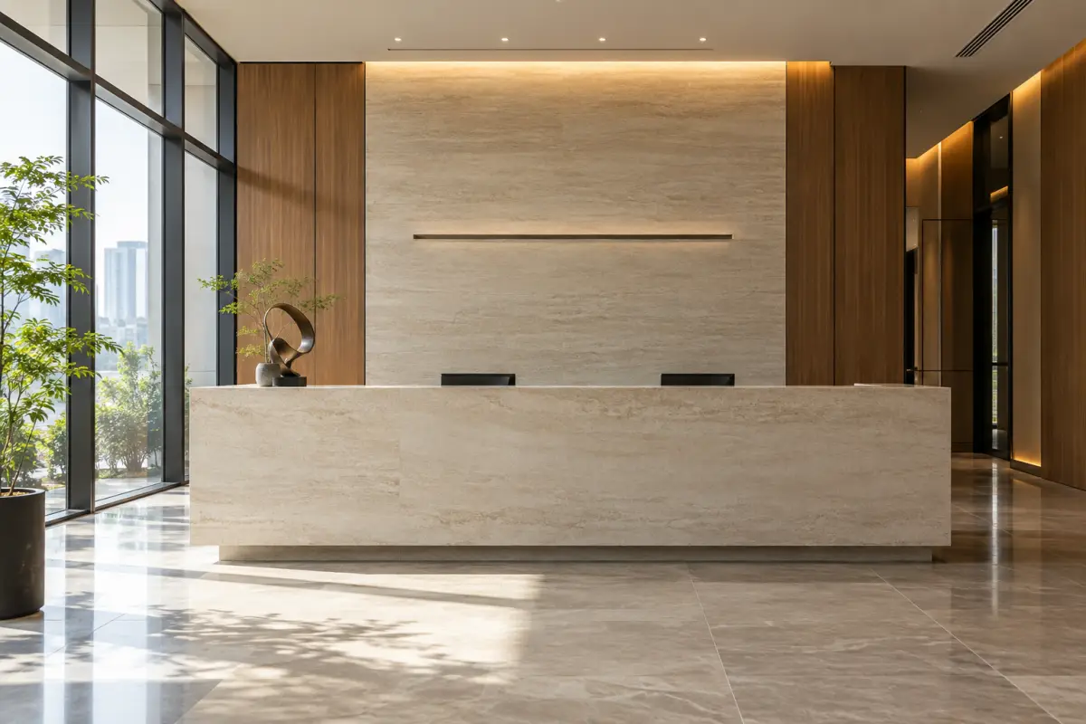 Phối cảnh sảnh lễ tân văn phòng với quầy đá sáng và điểm nhấn decor nhỏ