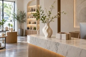 Bình gốm nhỏ đặt trên quầy tiếp đón showroom mới khai trương