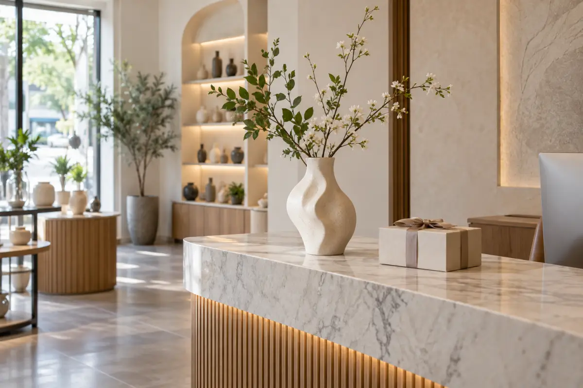 Bình gốm nhỏ đặt trên quầy tiếp đón showroom mới khai trương