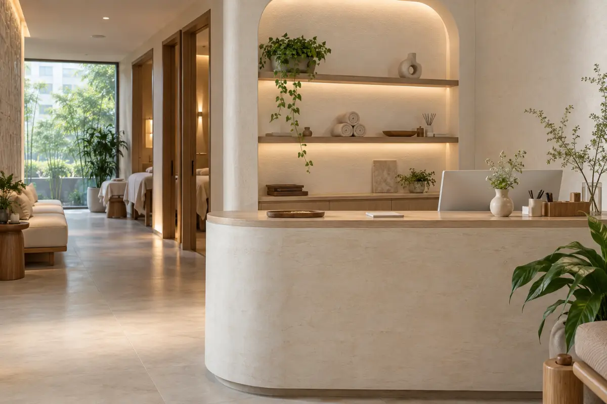 Bình gốm men mờ trên kệ tiếp đón spa có ánh sáng dịu