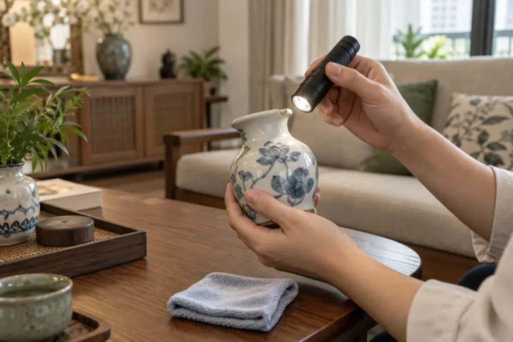 Kiểm tra vết sứt trên miệng bình gốm dưới ánh sáng xiên