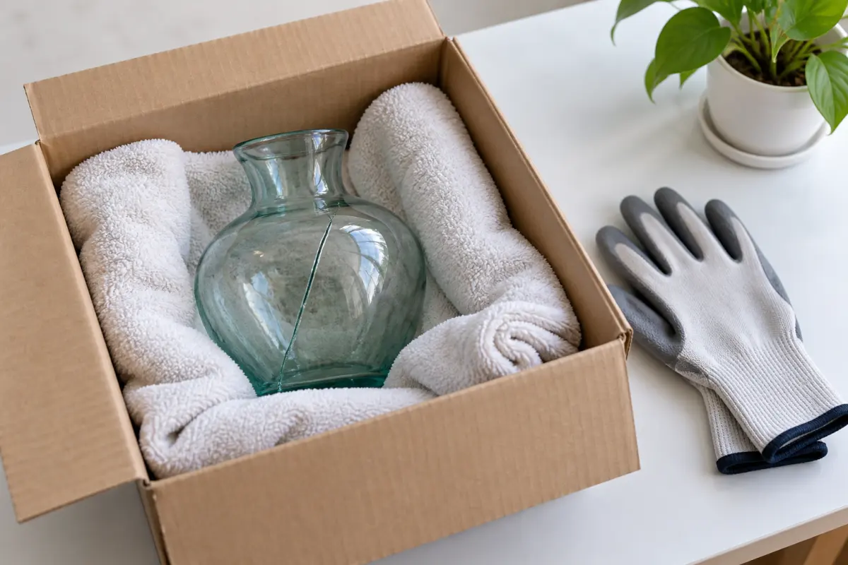 Cách ly bình thủy tinh bị nứt trong hộp có lót khăn