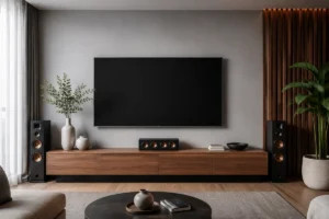 Kệ TV hiện đại được trang trí thấp và không che màn hình