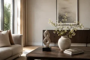 Tượng decor và bình hoa phối cân đối trong phòng khách hiện đại