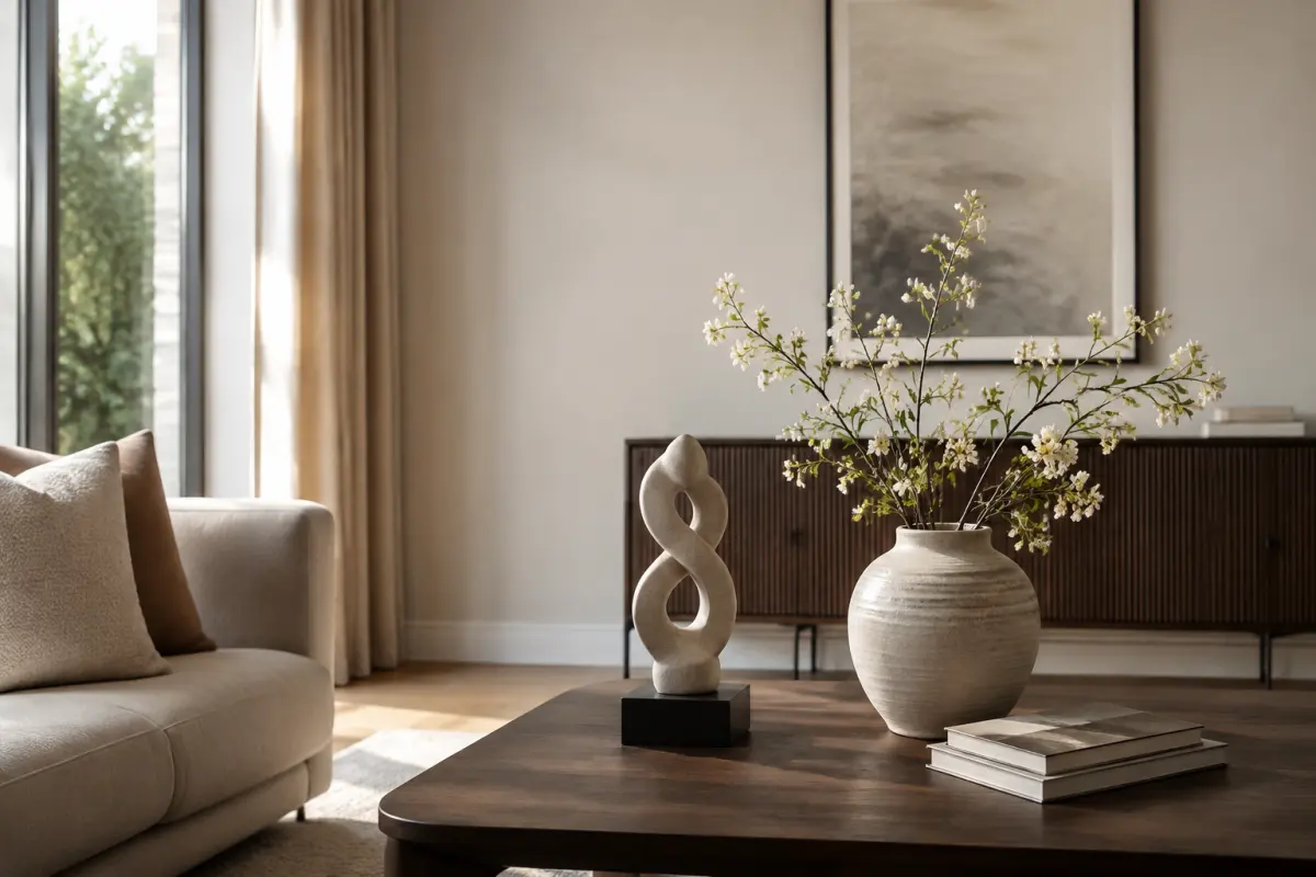 Tượng decor và bình hoa phối cân đối trong phòng khách hiện đại