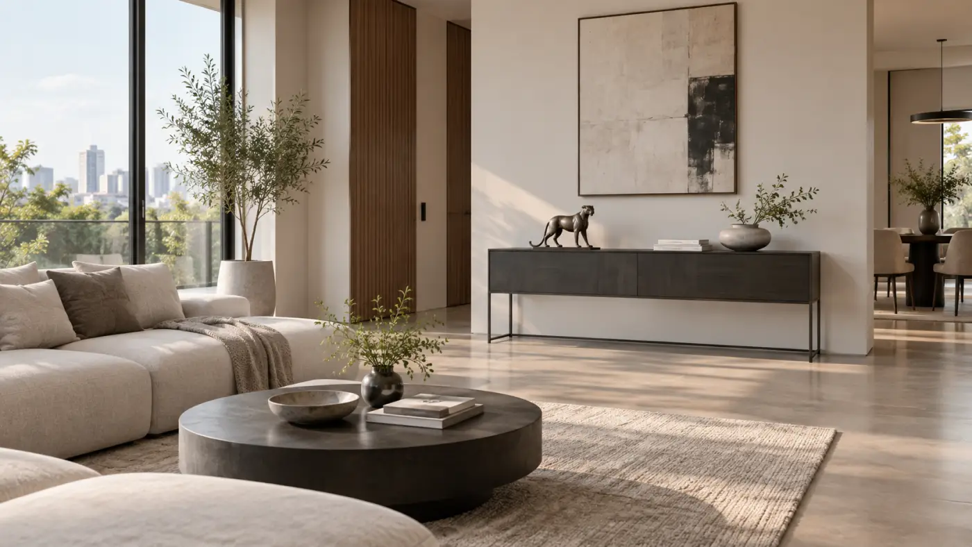 Tượng trang trí cỡ vừa trên bàn console trong phòng khách hiện đại
