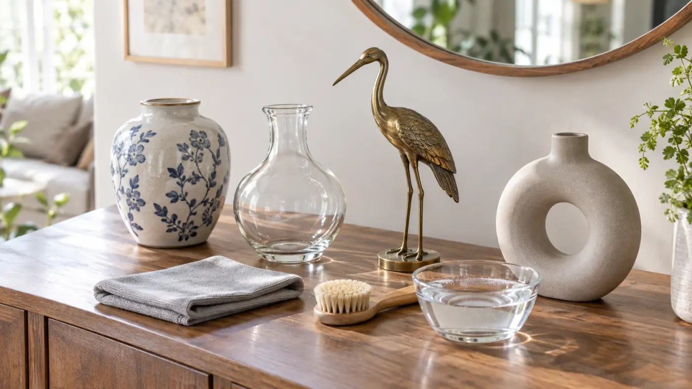 Bốn nhóm đồ decor bằng gốm, kính, kim loại và composite cùng dụng cụ vệ sinh mềm