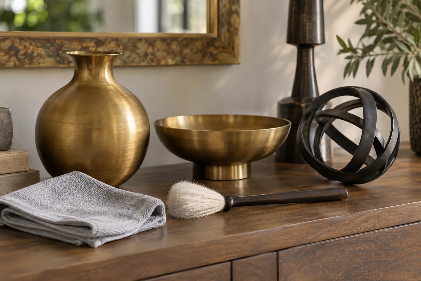 Đồ decor kim loại mạ được chăm sóc bằng khăn khô và chổi mềm