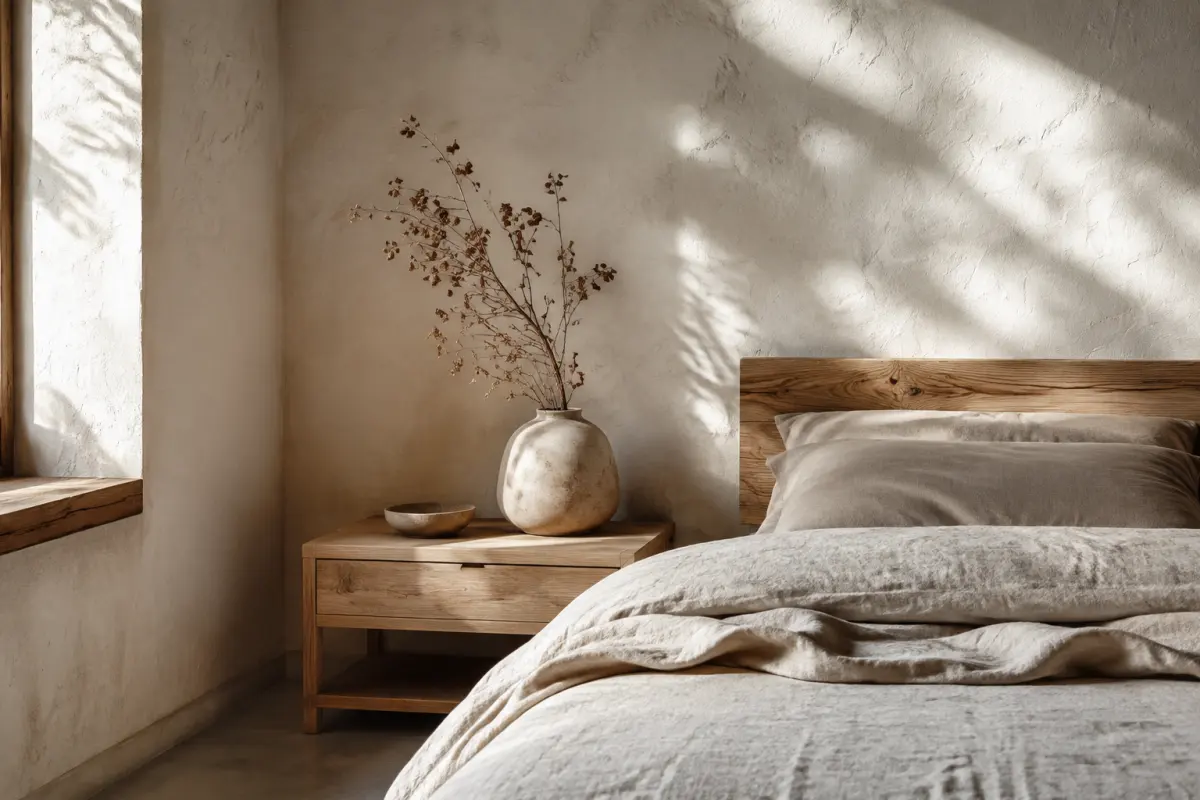 Phòng ngủ Wabi Sabi nhẹ nhàng với gỗ sáng và vải linen