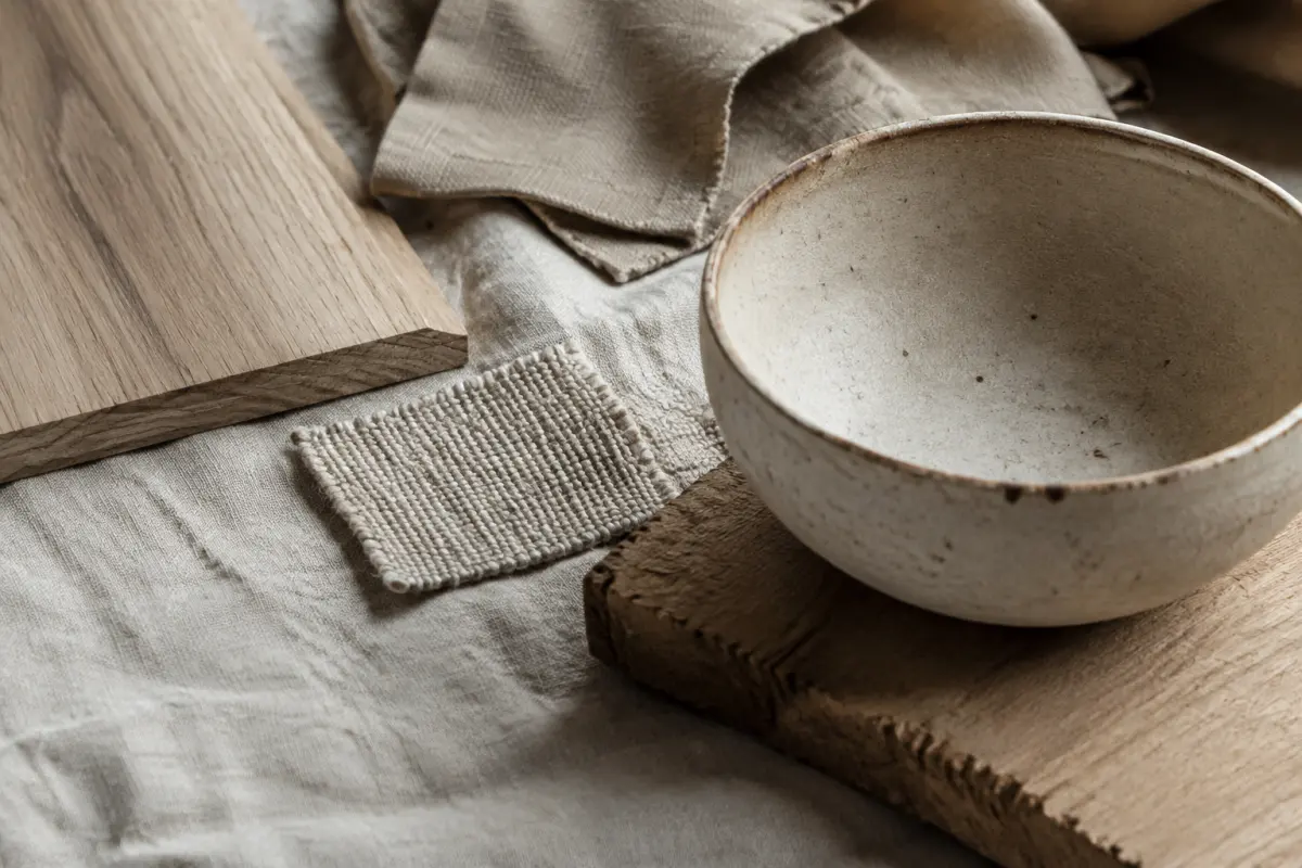 Cận cảnh gốm mờ gỗ sáng và vải linen Wabi Sabi