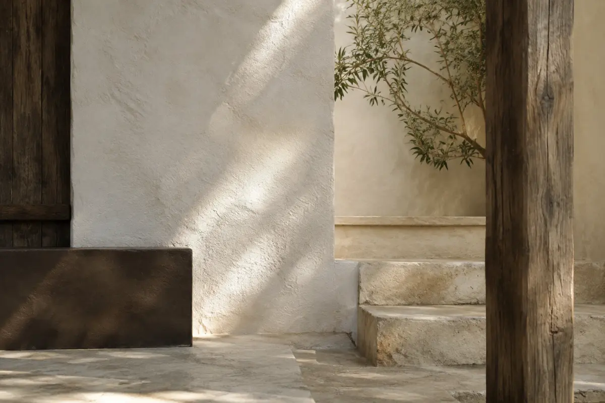 Bề mặt vữa vôi đá sáng và gỗ tự nhiên Wabi Sabi