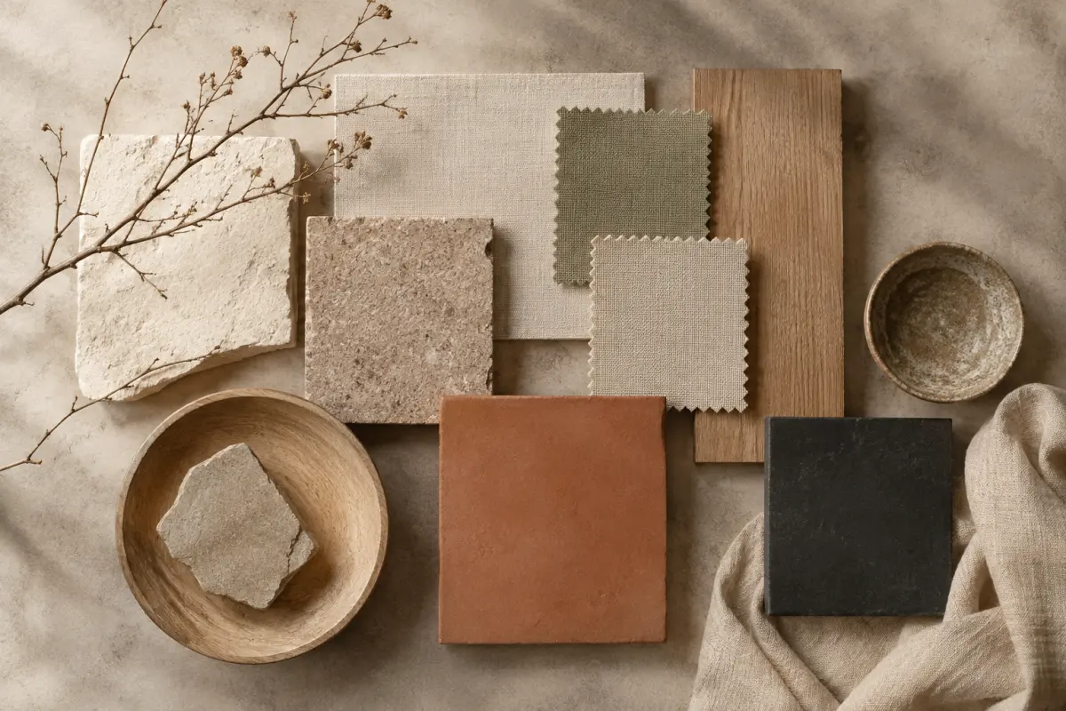 Bảng màu Wabi Sabi kem cát đất olive và than