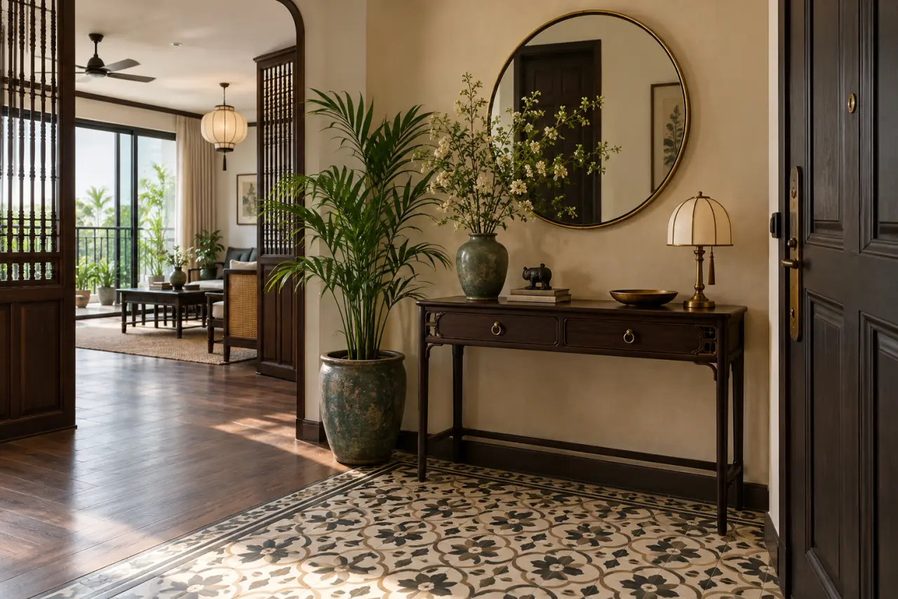Lối vào căn hộ với bàn gỗ mảnh, gương tròn và họa tiết gạch nền Indochine