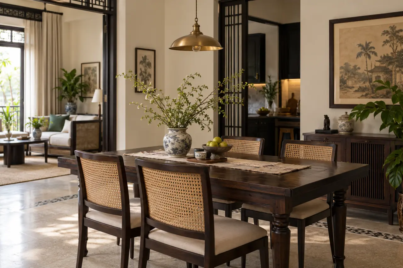 Phòng ăn Indochine hiện đại với bàn gỗ tối, ghế mây và bình gốm trên bàn