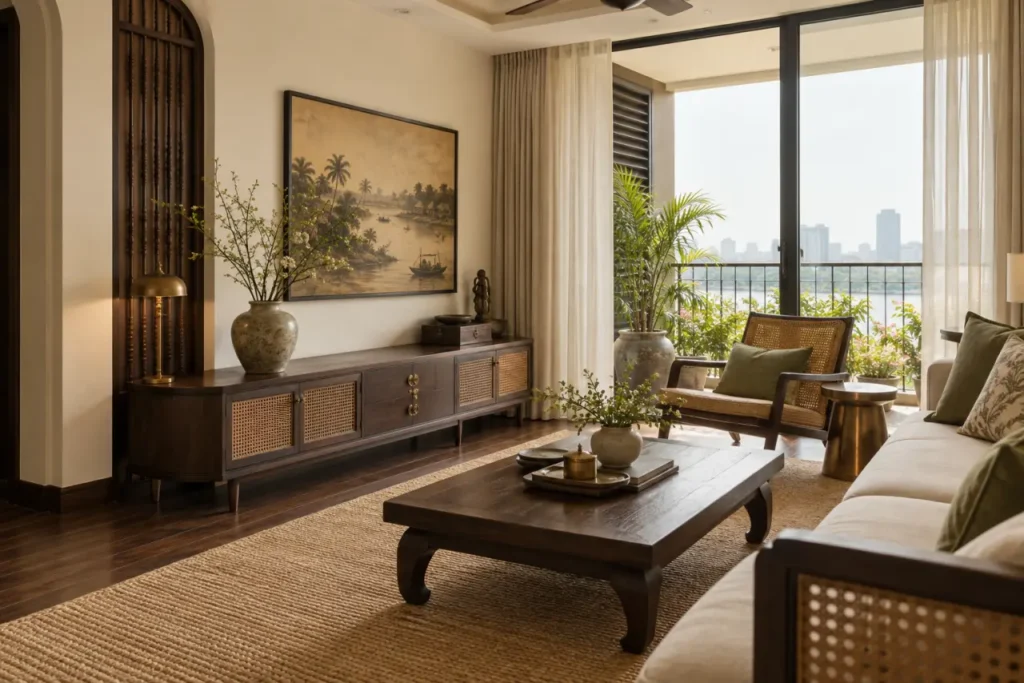 Phòng khách hiện đại phối gỗ trầm, mây đan và màu kem theo tinh thần Indochine